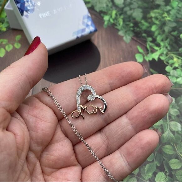 Sterling Silver Two Tone Rose Gold Mom CZ Heart Necklace - Picture 3 of 4